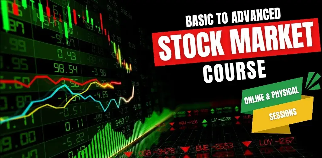 Promotional banner for GS Trainings (gstrainings.com) featuring a vibrant stock market-themed background with green and red candlestick charts, fluctuating line graphs, stock ticker prices, and upward/downward arrows, overlaid with bold text "BASIC TO ADVANCED STOCK MARKET COURSE" and a yellow-green badge highlighting "ONLINE & PHYSICAL SESSIONS